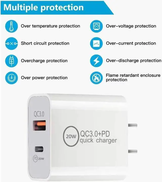 Alt view image 3 of 7 - 2pack QC3.0 Wall Charger Travel Charger Adapter Dual USB Port QC+PD 20W Fast Charging Power Plug for iPhone Samsung Galaxy LG Moto Google Pixel Kindle PS HTC Vivo Oneplus