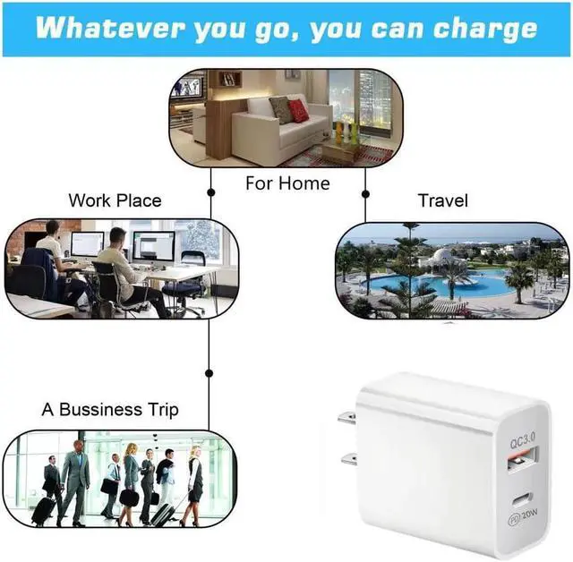 Alt view image 4 of 7 - 2pack QC3.0 Wall Charger Travel Charger Adapter Dual USB Port QC+PD 20W Fast Charging Power Plug for iPhone Samsung Galaxy LG Moto Google Pixel Kindle PS HTC Vivo Oneplus