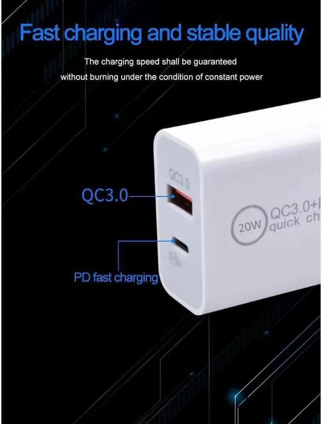 Alt view image 5 of 7 - 2pack QC3.0 Wall Charger Travel Charger Adapter Dual USB Port QC+PD 20W Fast Charging Power Plug for iPhone Samsung Galaxy LG Moto Google Pixel Kindle PS HTC Vivo Oneplus