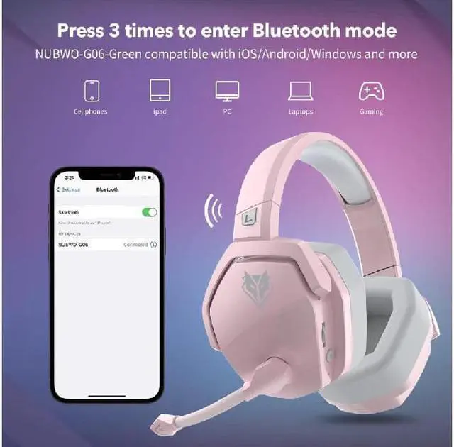 Alt view image 5 of 7 - Corn G06 Wireless Gaming Headset for PS5, PS4, PC Games, 2.4GHz Ultra-Low Latency, Bluetooth 5.0, Soft Memory Earmuffs (Pink)