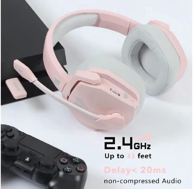 Alt view image 6 of 7 - Corn G06 Wireless Gaming Headset for PS5, PS4, PC Games, 2.4GHz Ultra-Low Latency, Bluetooth 5.0, Soft Memory Earmuffs (Pink)