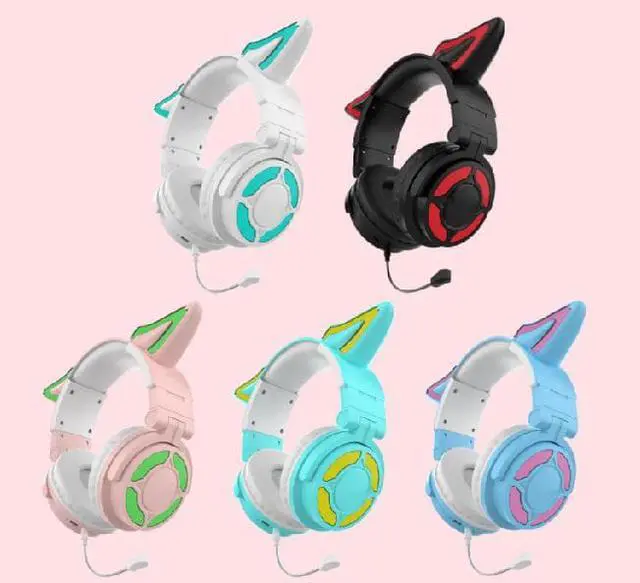 Alt view image 7 of 7 - Kids Cat Ear Headphone Wireless Bluetooth 5.3 Portable Foldable Over-Ear Gaming Headset 2.4G with Attachable HD Mic RGB LED Light Customizable Lighting and Effect via APP (Pink)
