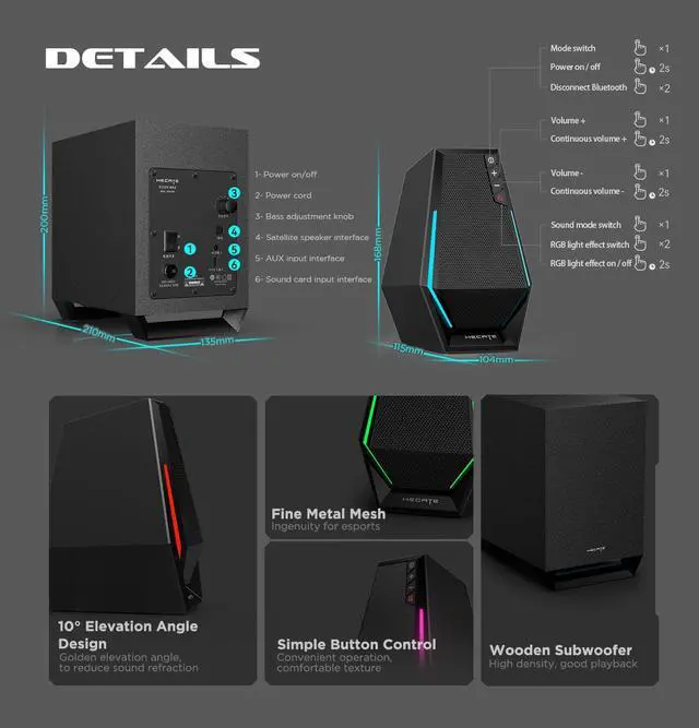 Alt view image 5 of 12 - Edifier G1500 MAX 2.1 Computer Speakers System, Hecate Gaming Speakers with Subwoofer, RGB, Bluetooth 5.3, USB, Type-C, 3.5mm AUX Input, Black