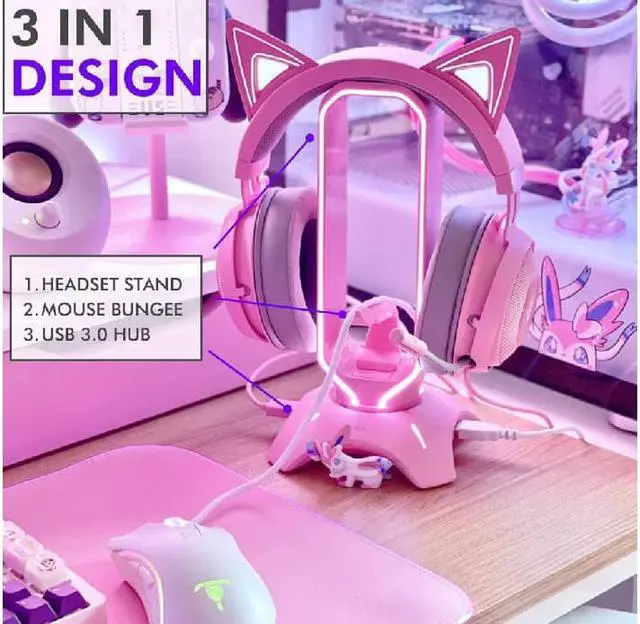 Alt view image 6 of 6 - Corn RGB Gaming Headset Stand - 3 in 1 Pink Headphone Stand with Mouse Bungee and 2 Port USB Hub Charger - The Ultimate Gaming Accessory and Gamer Gift - RGB Headphone Holder for Desk