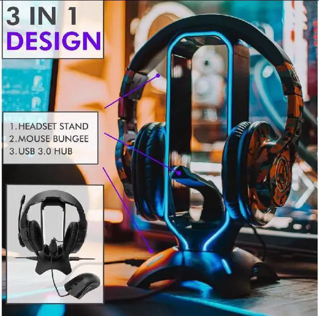 Alt view image 3 of 6 - Corn RGB Headset Stand and Gaming Headphone Stand for Desk Display with Mouse Bungee Cord Holder - Gaming Headset Holder with USB 3.0 Hub for Xbox, PS4, PC - Perfect Gaming Accessories Gift
