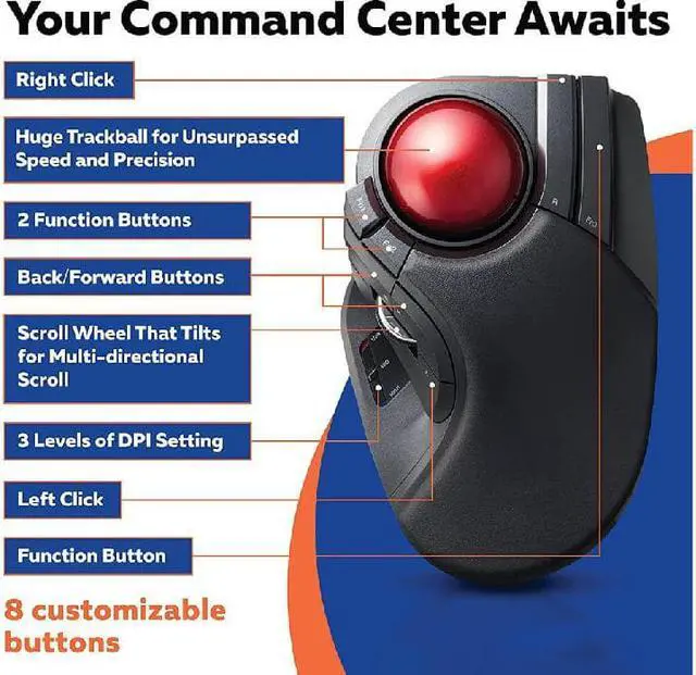 Alt view image 4 of 7 - Trackball Mouse, 2.4GHz Wireless, Finger Control, 8-Button Function, Precision Optical Gaming Sensor, Palm Rest Attached, Smooth Red Ball, Windows11, macOS (M-HT1DRBK)