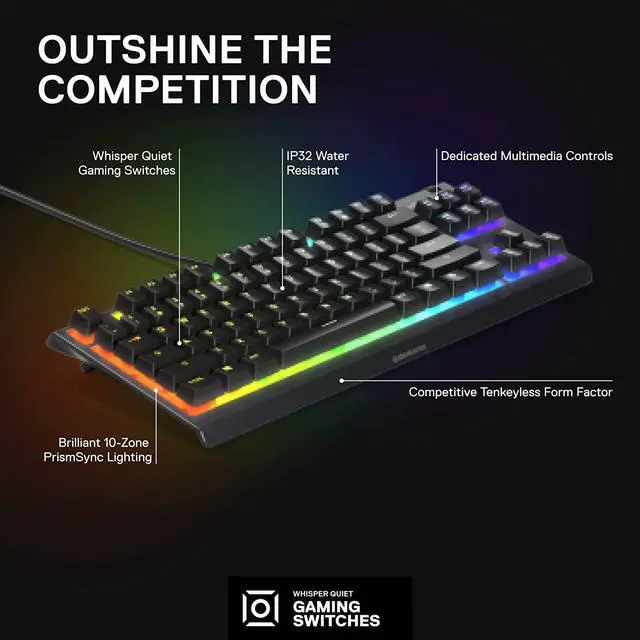 Alt view image 3 of 7 - SteelSeries Apex 3 TKL RGB Gaming Keyboard  Tenkeyless Compact Form Factor - 8-Zone RGB Illumination  IP32 Water & Dust Resistant  Whisper Quiet Gaming Switch  Gaming Grade Anti-Ghosting