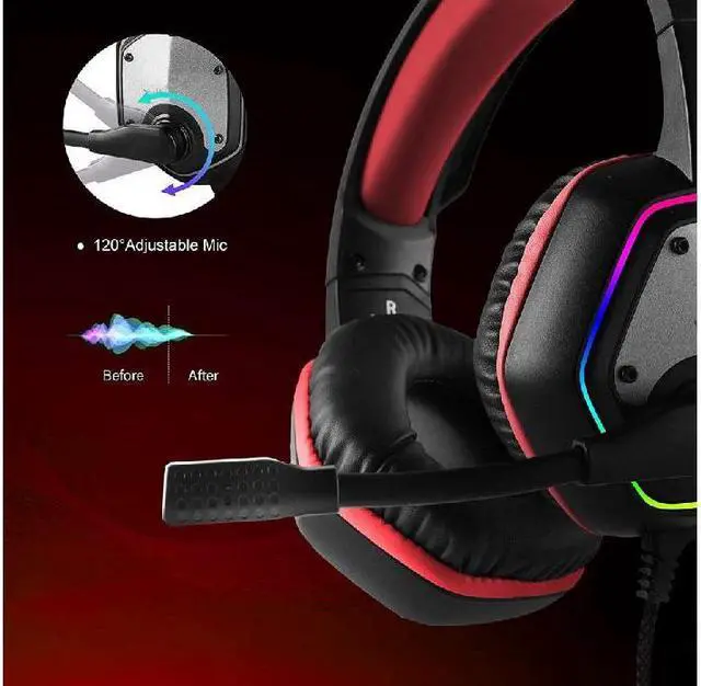 Alt view image 5 of 7 - E1000 USB Gaming Headset for PC, Computer Headphones with Microphone/Mic Noise Cancelling, 7.1 Surround Sound, RGB Light - Wired Headphones for PS4, PS5 Console, Laptop Call Center Red