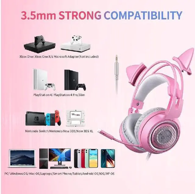 Alt view image 6 of 6 - G951s Pink Stereo Gaming Headset with Mic for PS4,Xbox,PC,Mobile Phone,3.5mm Noise Reduction Cat Ear Headphones Lightweight Over Ear Headphones
