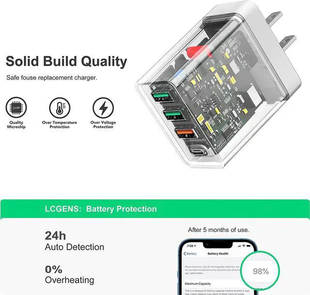 Alt view image 6 of 7 - 35W USB C Wall Charger Block, 2-Pack 4Port PD+QC Fast Power Adapter, Type C Charging Brick Cube Plug for iPhone 11/12/13/14/Pro Max, XS/XR/X, iPad/AirPods Pro, Samsung, Google, Tablet, Android(White)