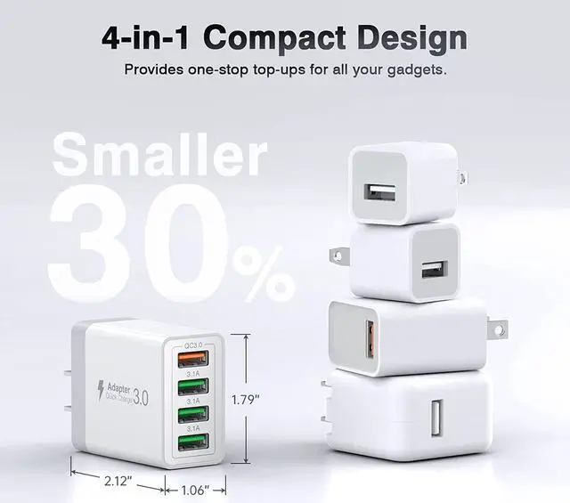 Alt view image 5 of 7 - 2Pack USB Wall Charger, 30W 4-Port Fast Charger Block, Multiport USB Cube Power Adapter Charging Brick Plug for iPhone 11 12 13 14 Pro Max XR Xs Max 8 7 6,Samsung,LG,Google Pixel,Moto(White)