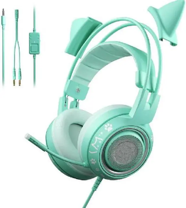 Main image of G951s Green Stereo Gaming Headset with Mic for PS4,Xbox,PC,Mobile Phone,3.5mm Noise Reduction Cat Ear Headphones Lightweight Over Ear Headphones