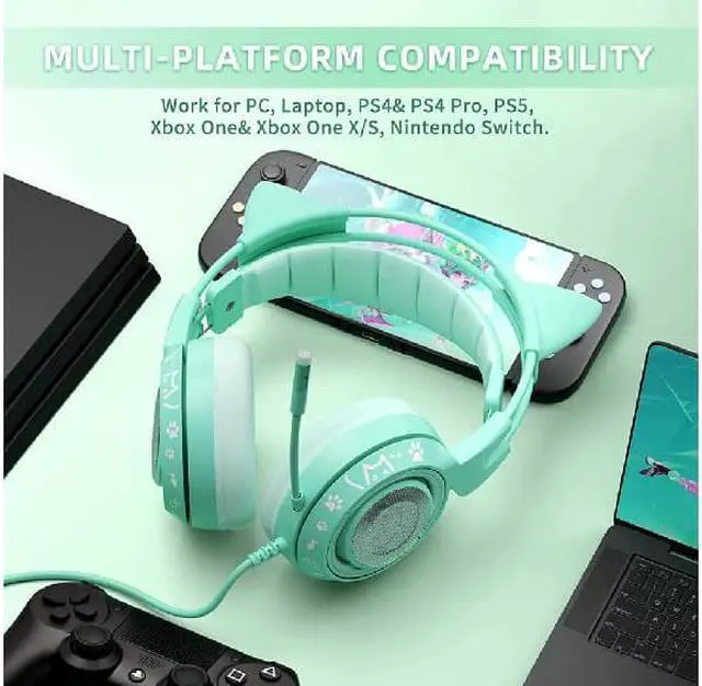 Alt view image 4 of 6 - G951s Green Stereo Gaming Headset with Mic for PS4,Xbox,PC,Mobile Phone,3.5mm Noise Reduction Cat Ear Headphones Lightweight Over Ear Headphones