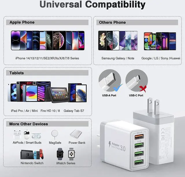 Alt view image 4 of 7 - 2Pack USB Wall Charger, 30W 4-Port Fast Charger Block, Multiport USB Cube Power Adapter Charging Brick Plug for iPhone 11 12 13 14 Pro Max XR Xs Max 8 7 6,Samsung,LG,Google Pixel,Moto(White)