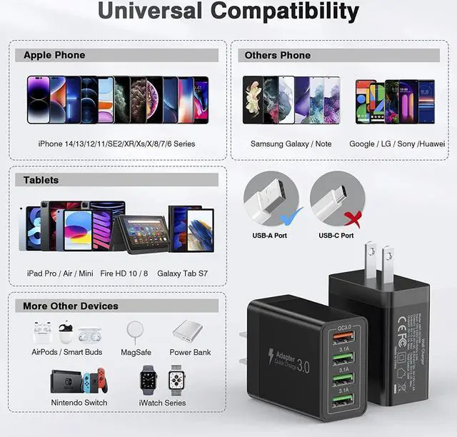 Alt view image 4 of 7 - 30W USB A Wall Charger Block, 2-Pack 4Port QC Fast Power Adapter, USB Charging Brick Cube Plug for iPhone 11/12/13/14/Pro Max, XS/XR/X, iPad/AirPods Pro, Samsung, Google, Tablet, Androids(Black)