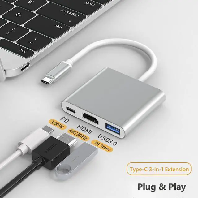 Alt view image 4 of 4 - USB Type-C to HDMI 4K×2K + USB 3.0 + PD100W Charging Port  Adapter 3 in 1 USB C Adapter Cable Converter for MacBook Pro/Air, iPad Pro, Sumsang Galaxy S8/S9,Lenovo Yoga,DELL XPS13,MatePad, White
