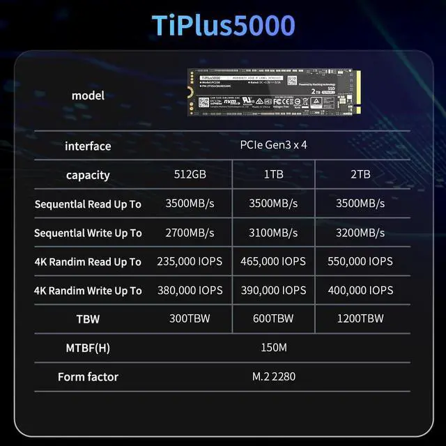 Alt view image 5 of 7 - CORN TiPlus5000 SSD NVME M.2 2280 ssd 1TB 2TB 512GB For Desktop PC Laptop PS5 Gen3 Internal Hard Disk Support PCIE3.0