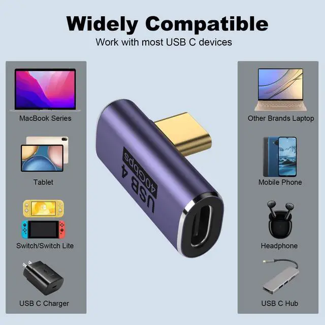 Alt view image 6 of 6 - 2 Pack USB C Right Angle Adapter, 90 Degree Type C Male to Female Adapter Extender Support 40Gbps Data Transfer 8K@60Hz Video Output 100W Fast Charging for Laptop, Tablet and Phones