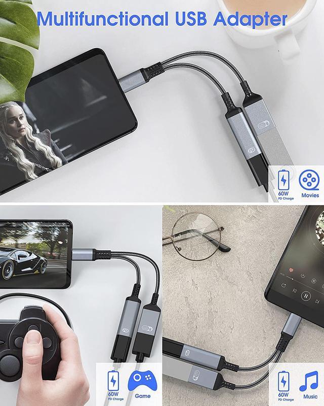 Alt view image 5 of 7 - USB C to USB Adapter OTG and Charger Cable, 2 in 1 USB-C Splitter with 60W PD Charging Type C OTG and USB A Female Port Compatible with Chromecast Google TV,iPad Pro,Samsung S21/S20,Pixel,LGG8 Black