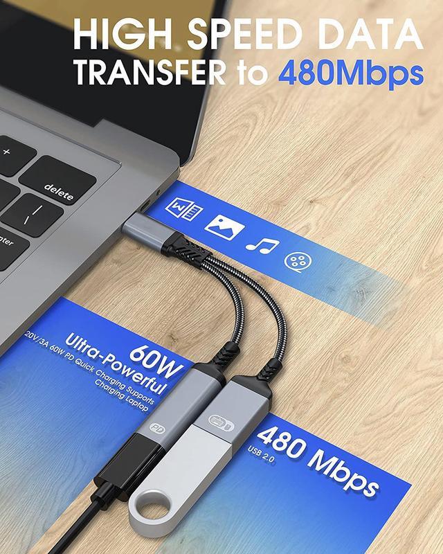 Alt view image 2 of 7 - USB C to USB Adapter OTG and Charger Cable, 2 in 1 USB-C Splitter with 60W PD Charging Type C OTG and USB A Female Port Compatible with Chromecast Google TV,iPad Pro,Samsung S21/S20,Pixel,LGG8 Black