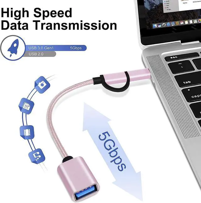 Alt view image 4 of 7 - 2-in-1 USB C/Micro to USB Adapter, USB C to USB 3.0, USB to Android OTG Adapter Cable Compatible with MacBook Pro Android Google Samsung and More, Rose Gold