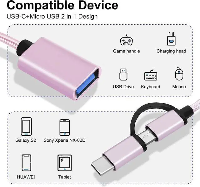 Alt view image 2 of 7 - 2-in-1 USB C/Micro to USB Adapter, USB C to USB 3.0, USB to Android OTG Adapter Cable Compatible with MacBook Pro Android Google Samsung and More, Rose Gold