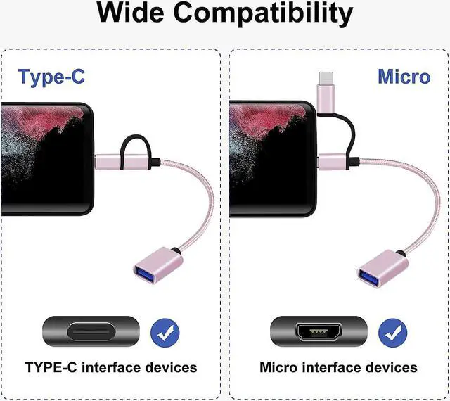 Alt view image 3 of 7 - 2-in-1 USB C/Micro to USB Adapter, USB C to USB 3.0, USB to Android OTG Adapter Cable Compatible with MacBook Pro Android Google Samsung and More, Rose Gold