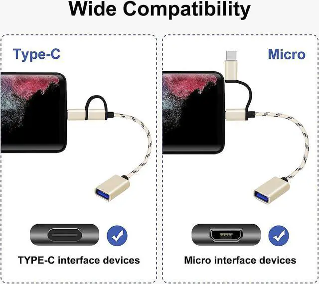 Alt view image 3 of 7 - 2-in-1 USB C/Micro to USB Adapter, USB C to USB 3.0, USB to Android OTG Adapter Cable Compatible with MacBook Pro Android Google Samsung and More,Gold/Black