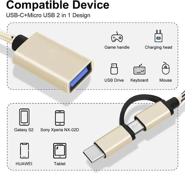 Alt view image 2 of 7 - 2-in-1 USB C/Micro to USB Adapter, USB C to USB 3.0, USB to Android OTG Adapter Cable Compatible with MacBook Pro Android Google Samsung and More,Gold/Black