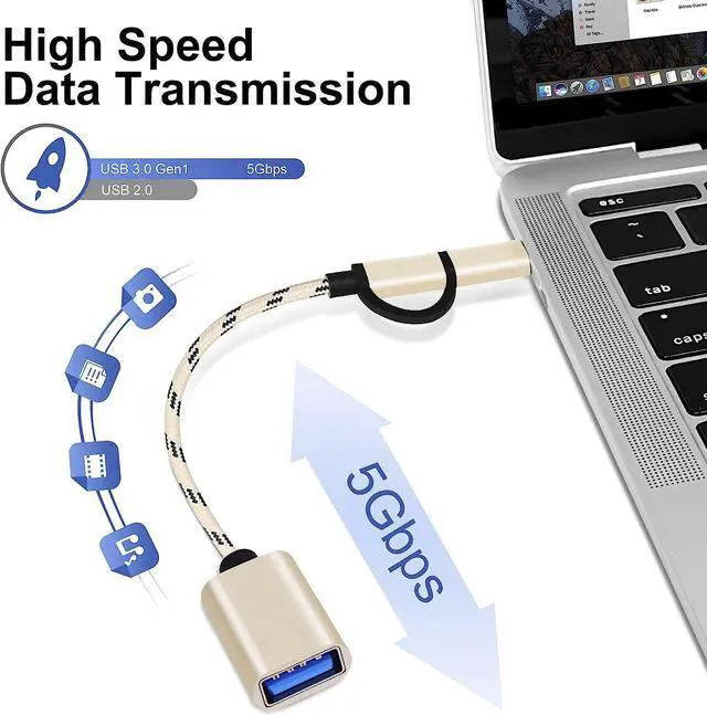 Alt view image 4 of 7 - 2-in-1 USB C/Micro to USB Adapter, USB C to USB 3.0, USB to Android OTG Adapter Cable Compatible with MacBook Pro Android Google Samsung and More,Gold/Black