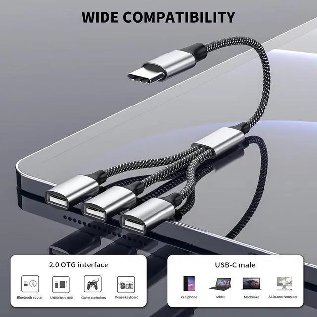 Alt view image 4 of 6 - USB C Male to Three USB Female Cable,USB c Splitter to USB USB c Splitter Audio and Charging Type C to 3 Type A 2.0 Port Splitter Multi Hub for MacBook,iPad Pro Air,Microsoft Surface Go,PC,Laptop