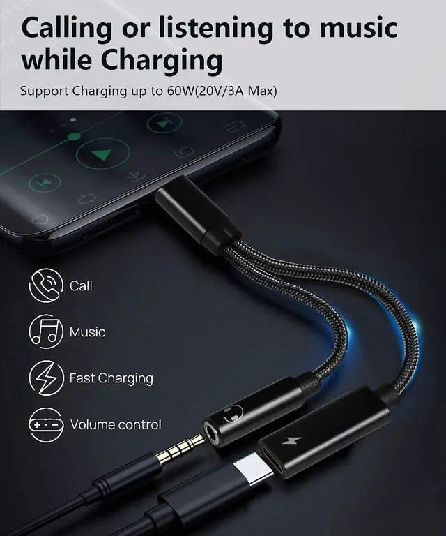 Alt view image 3 of 4 - USB C to 3.5mm Headphone and Charger Adapter,2 in 1 USB C to Aux Audio Jack with PD 60W Fast Charging Dongle Cable Cord Compatible with Most TYPE-C Interface Black