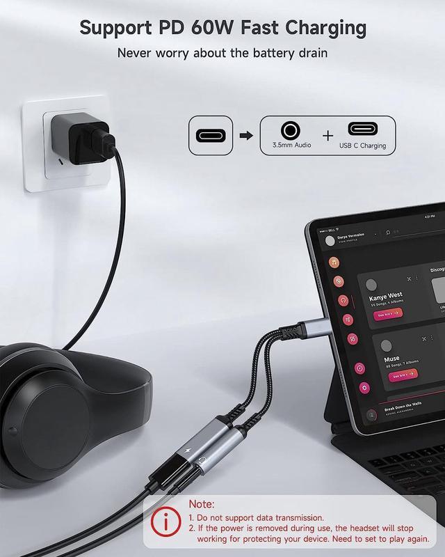 2-en-1 USB C Vers AUX Audio Jack Dongle Câble Avec PD 60W USB C