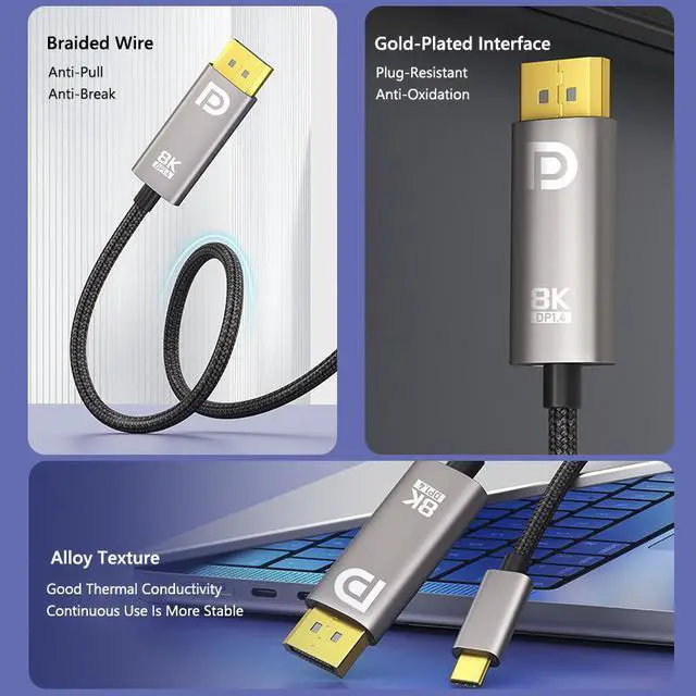Alt view image 3 of 7 - USB C to DisplayPort 1.4 8K@60Hz Cable 1M/3.3Ft  DP Displayport to USB C Two-way Transmission Adapter12bit Color Depth 4K@144Hz 2K@240Hz 1080P@360Hz UHD Adapter for Macbook, Macbook Air Samsung S8 etc