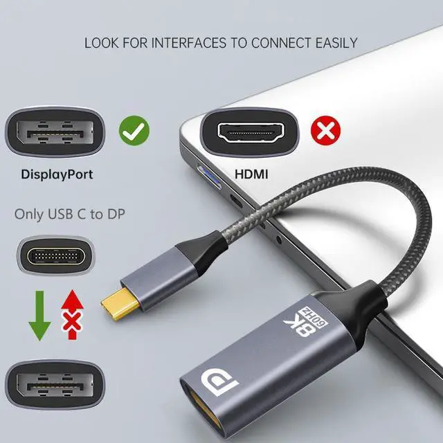 Alt view image 2 of 5 - USB C to DisplayPort 1.4 Adapter, Male to Female, Compatible Thunderbolt 4/3, Type C to DP 1.4 HDR, Support  8K@60Hz, 4K@144Hz, 2K@240Hz For Laptop/PC/Gaming Monitor/TV