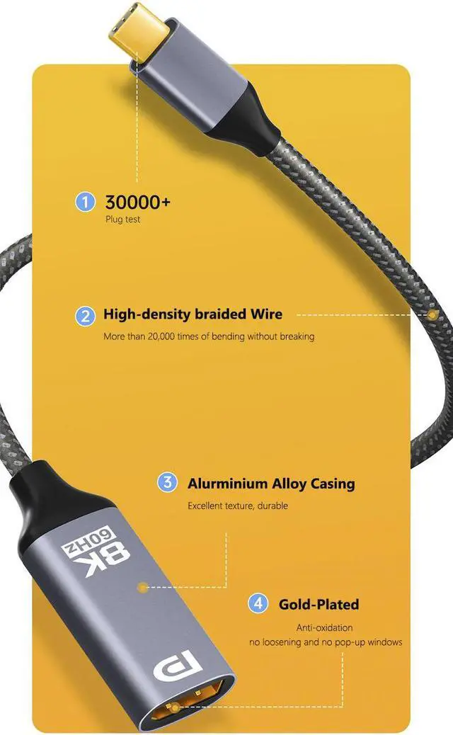 Alt view image 3 of 5 - USB C to DisplayPort 1.4 Adapter, Male to Female, Compatible Thunderbolt 4/3, Type C to DP 1.4 HDR, Support  8K@60Hz, 4K@144Hz, 2K@240Hz For Laptop/PC/Gaming Monitor/TV