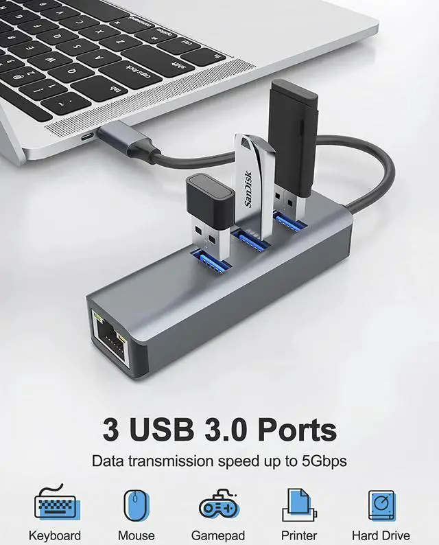 Alt view image 3 of 7 - USB C to Ethernet Adapter, 10/100/1000mbps, 4-in-1 RJ45 to USB-C to Gigabit Ethernet LAN Network Adapter with 3 USB3.0 Hub ForMacbook,LenovoYOGO,Micro Surface,Samsung Tablet and more