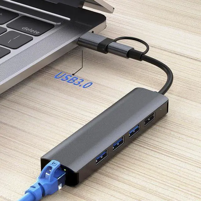 Alt view image 3 of 6 - Corn USB C USB3.0 Hub, 5 in 1 USB C Adapter Splitter with 3 USB 3.0, 1 USB 2.0, RJ45 Ethernet for Macbook, Switch,Lenovo YOGO and more, 10/100/1000Mbps