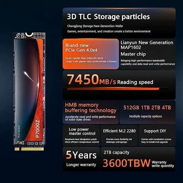 Alt view image 4 of 4 - CORN P7000Z  SSD NVME M.2 2280 ssd 512GB 1TB 2TB  For Desktop PC Laptop PS5 Gen4 Internal Hard Disk Support PCIE4.0 1TB