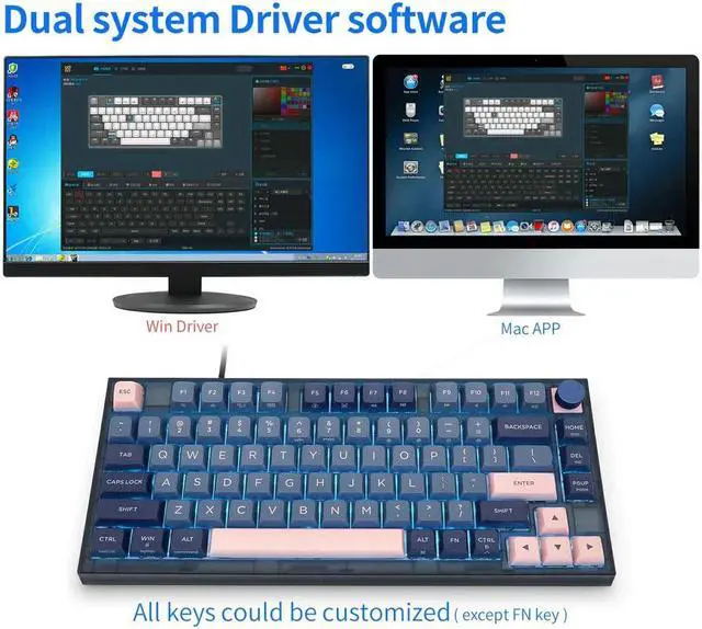 Alt view image 5 of 7 - RGB Dye-Sub PBT Mechanical 80 Keys Rainbow Gaming Keyboard, Support Windows and Mac, Knob Button - Wired/2.4G Wireless/Bluetooth - Lemon Swithes