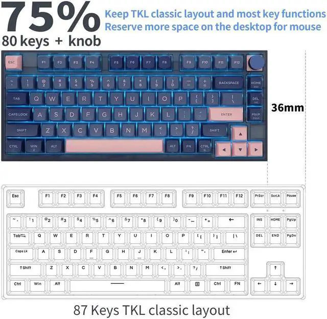 Alt view image 6 of 7 - RGB Dye-Sub PBT Mechanical 80 Keys Rainbow Gaming Keyboard, Support Windows and Mac, Knob Button - Wired/2.4G Wireless/Bluetooth - Lemon Swithes