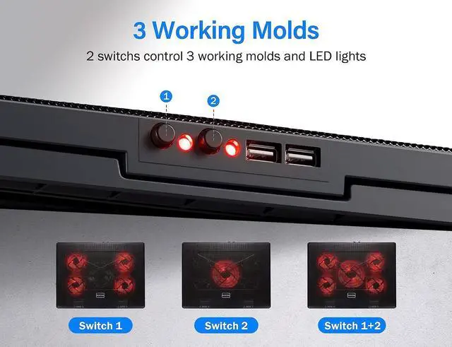 Alt view image 4 of 7 - Laptop Cooler, Laptop Cooling Pad with 5 Quiet Fans for 12-17.3 Inch Laptop, Cooler Pad with LED Light, Dual 2 USB Ports, Adjustable Mount Stand Height Angle (5 Fans) Red