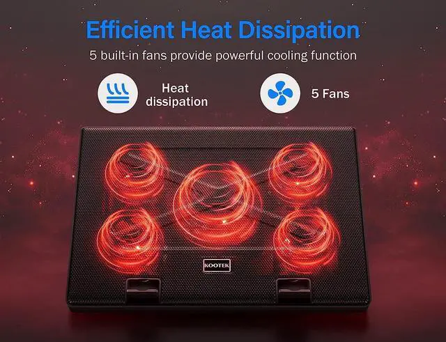 Alt view image 2 of 7 - Laptop Cooler, Laptop Cooling Pad with 5 Quiet Fans for 12-17.3 Inch Laptop, Cooler Pad with LED Light, Dual 2 USB Ports, Adjustable Mount Stand Height Angle (5 Fans) Red