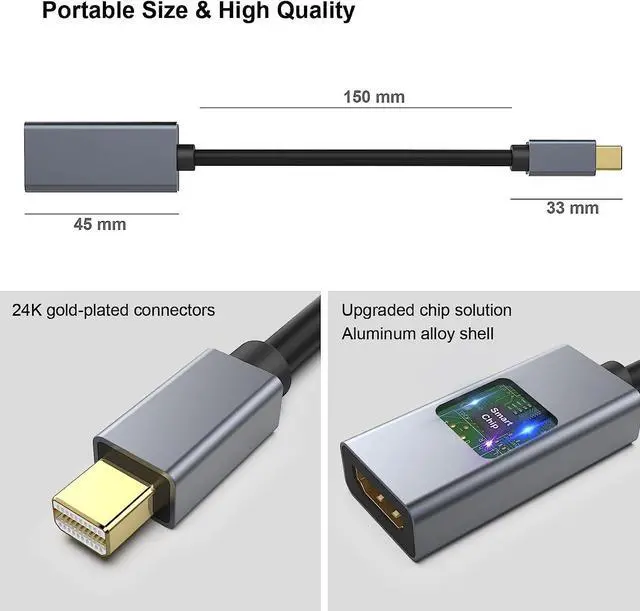 Alt view image 4 of 6 - Mini DisplayPort to HDMI Adapter, Mini DP to HDMI Adapter Compatible with MacBook Air/Pro, Microsoft Surface Pro/Dock, Monitor, Projector and More - Grey
