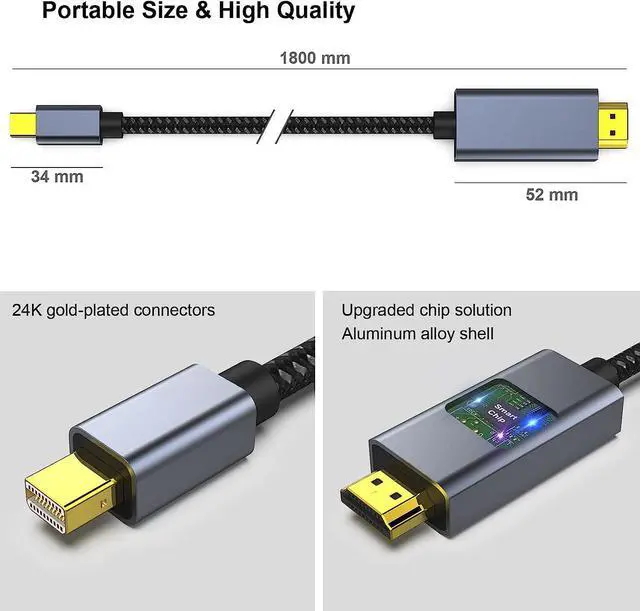 Alt view image 6 of 7 - Mini DisplayPort to HDMI Cable, Mini DP to HDMI 6 Feet Cable Compatible with MacBook Air/Pro, Microsoft Surface Pro/Dock, Monitor, Projector and More - Grey