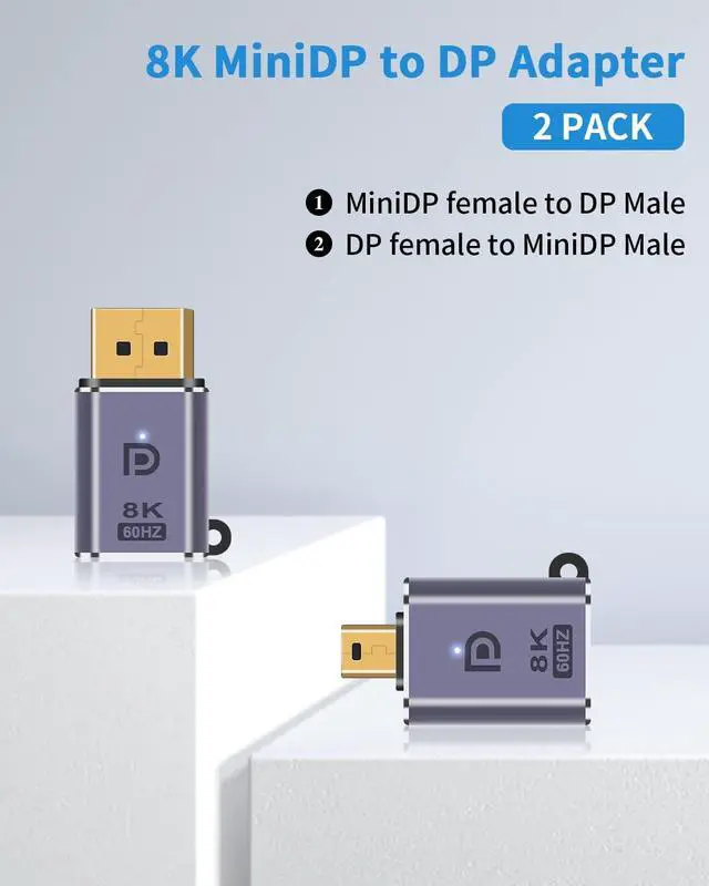 Alt view image 3 of 7 - Mini Displayport to Displayport 1.4 Adapter, 8K Mini DP to DP Adapter and DP to Mini DP Adapter Male to Female Displayport Adapter with LED Light Support 8K@60Hz UHD Video 2 Pack