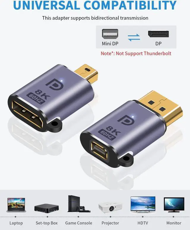 Alt view image 2 of 7 - Mini Displayport to Displayport 1.4 Adapter, 8K Mini DP to DP Adapter and DP to Mini DP Adapter Male to Female Displayport Adapter with LED Light Support 8K@60Hz UHD Video 2 Pack
