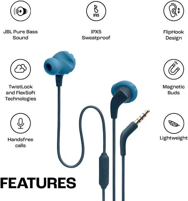 Alt view image 2 of 6 - JBL Endurance Run 2, Sports in Ear Wired Earphones with Mic, Pure Bass, Waterproof , Flexsoft eartips, Magnetic Earbuds, Fliphook & TwistLock Technology with Voice Assistant Support for Mobiles Blue