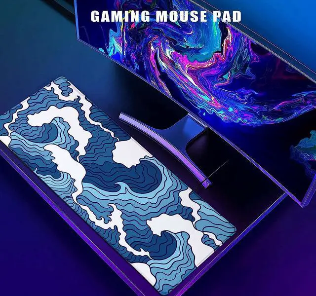 Alt view image 5 of 5 - Japanese Blue and White Wave Gaming Mouse Pad XL - Non Slip Rubber Base Large Mousepad - Stitched Edges Desk Pad, Extended Mice Pad, 31.5 X 11.8 Inch