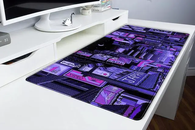 Alt view image 6 of 6 - Tokyo Street Desk Pad Purple, Cute Retro Large Gaming Mouse Pad, Japanese Anime Laptop Keyboard Mouse Mat XXL, Aesthetic Neon Pixel Skyline/City Desk Mat, Desk Decor Pads for Women 31.5"x15.75"